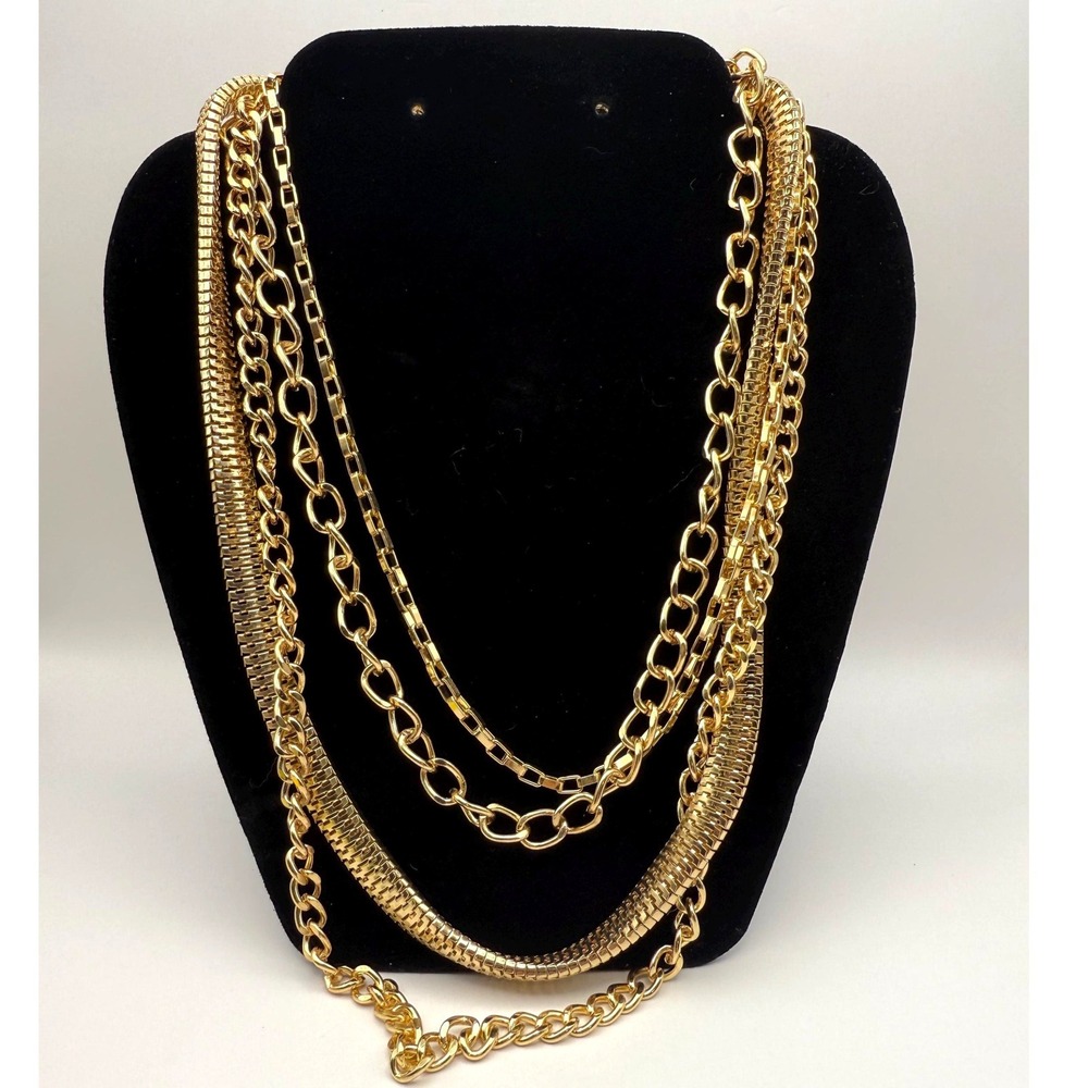 Herringbone and Curb Chain Statement Necklace – Mixed Chain Gold Tone Jewelry